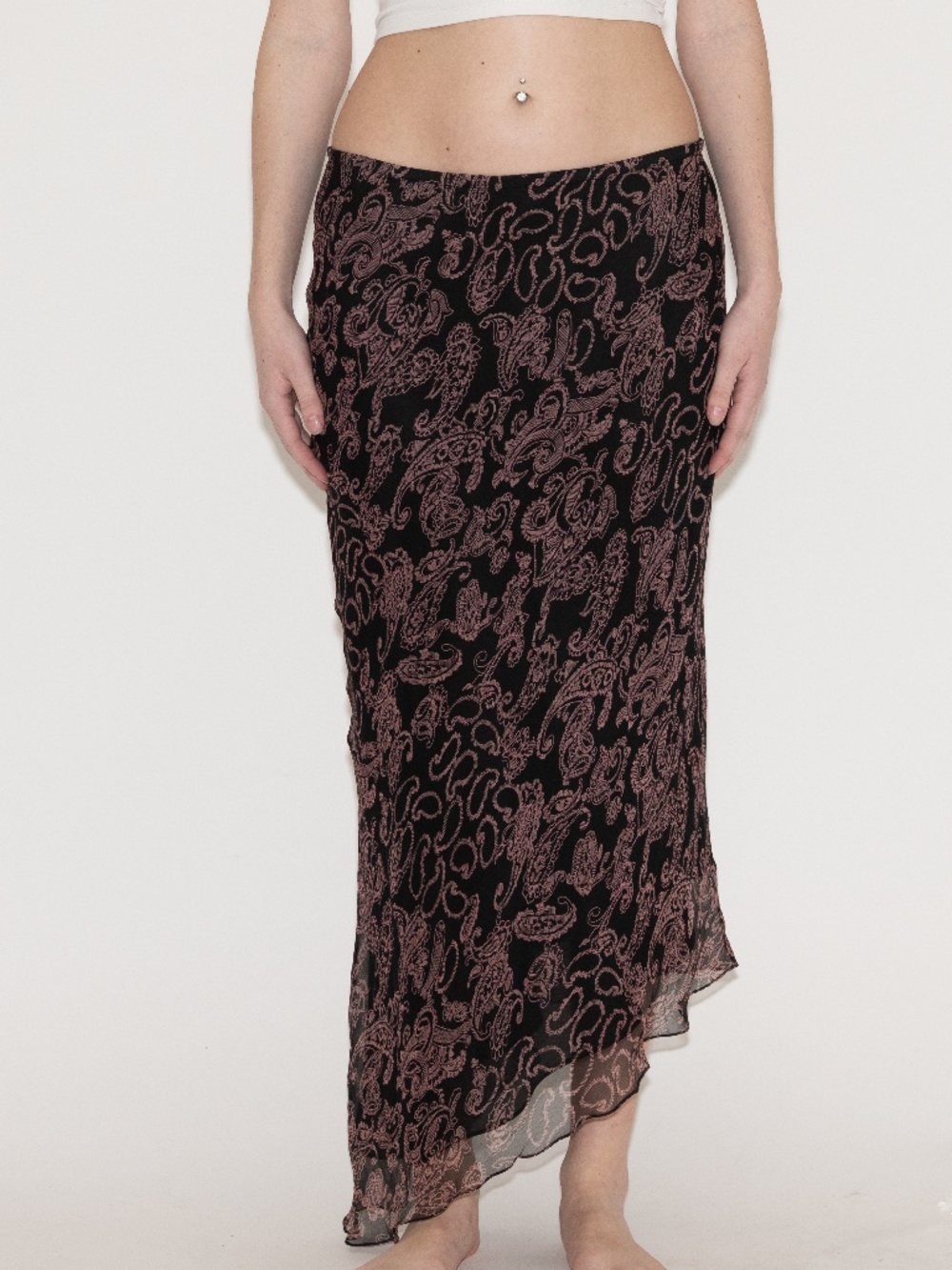 Y2k silk asymmetrical maxi skirt paisley print size large sunny leigh
